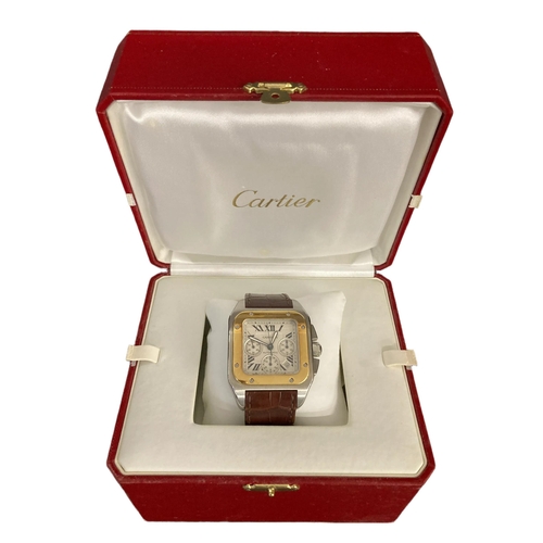 890 - Watches:Cartier 100XL Chronograph, 18ct. gold bezel with tan leather strap, double fold-over buckle ... 