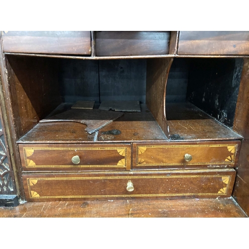 10 - Furniture: Late 18th cent. Mahogany bookcase bureau drop-flap, fully fitted interior, three over thr... 
