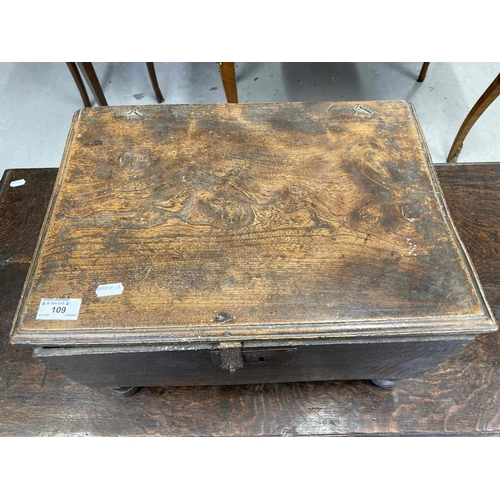 109 - Furniture: An oak box, the elm lid with a moulded edge, on turned feet, 17th century and later, 25cm... 