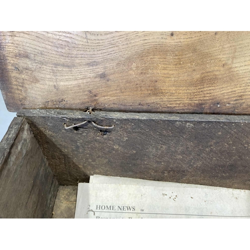 109 - Furniture: An oak box, the elm lid with a moulded edge, on turned feet, 17th century and later, 25cm... 