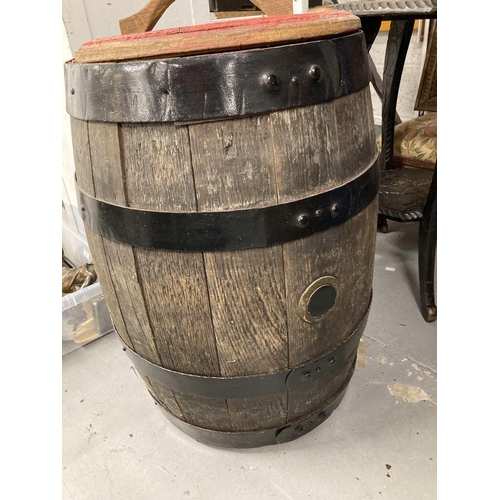 11 - Coopered oak Wadworths beer barrel k2327 with handled lid. 70cm tall (2ft 4ins). Plus metalware - a ... 