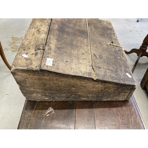 112 - Furniture: Large English oak Bible box with a sloping front, partly fitted interior, alterations and... 