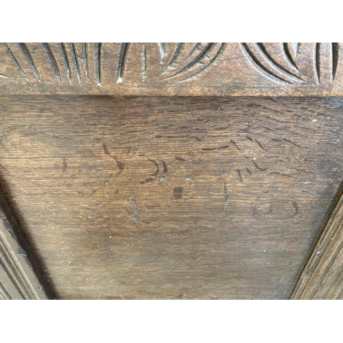 114 - Furniture: Wellproportioned English oak coffer c1780-1800, the two panelled front with central mulli... 