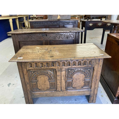 115 - Furniture: Small coffer with architectural carving to the front simulating doors. 84cm. x 41cm.... 