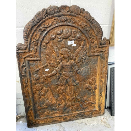 117 - 19th cent. Cast Iron: Fireback with classical angel relief. 80cm x 60cm. Plus an early 19th cent. Ir... 
