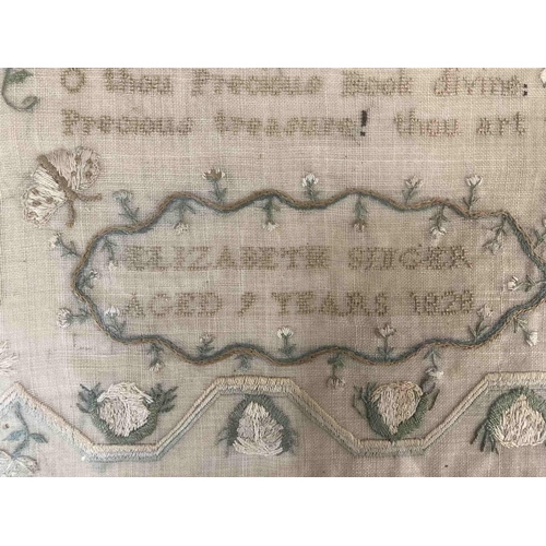 149 - Needlework: Two George IV samplers one with the full alphabet, numerals and verse with birds and tre... 