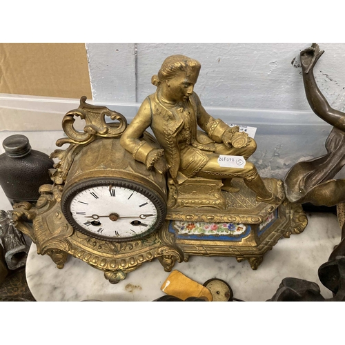 15 - Metalware: 19th cent. French gilt ormolu mantel clock on marble base A/F, two cast Spelter figures, ... 