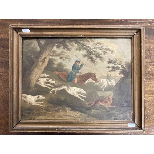 178 - British School: Late 19th cent. Naive oils on panel, horses and hounds, in contemporary giltwood fra... 