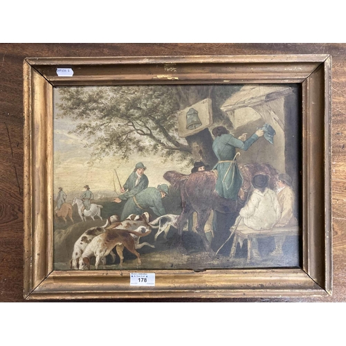 178 - British School: Late 19th cent. Naive oils on panel, horses and hounds, in contemporary giltwood fra... 