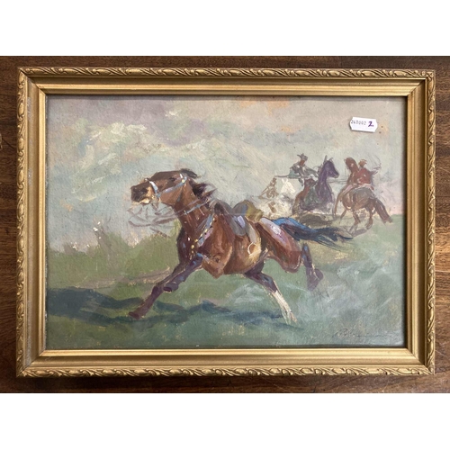 183 - Oil on card, horses and riders (Western cowboys) signed in pencil, framed under glass. 13½ins. x 9¾i... 