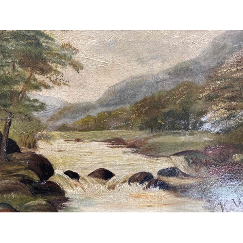 191 - Oil on board landscape with river monogrammed KW, framed.