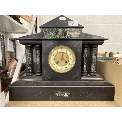 21 - Clocks: Slate and marble mantel clock, enamel dial, a Smiths oak cased mantel clock and a slate mant... 