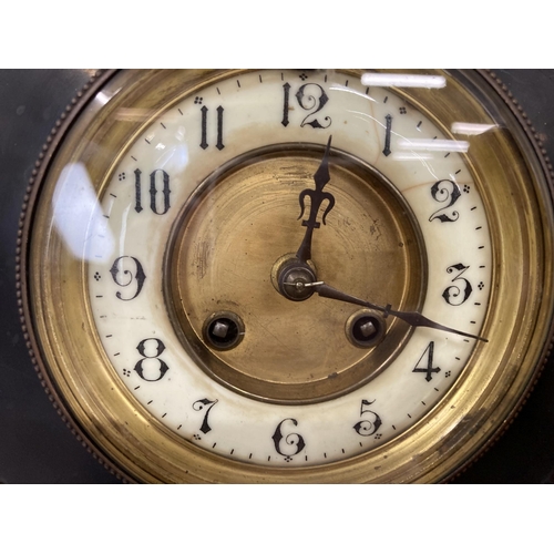 21 - Clocks: Slate and marble mantel clock, enamel dial, a Smiths oak cased mantel clock and a slate mant... 