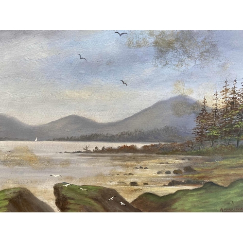 210 - A. Morrison oil on canvas inland lake study signed lower right and dated 1922, 14ins. x 10ins. S. Mo... 