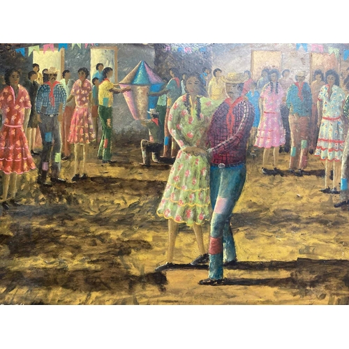 219 - Papas Stefanos Greek born 1956: Oil on board 'Festa Junina' framed and signed lower left. Sight size... 