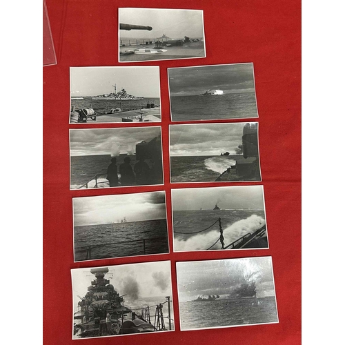 306 - WW2: Collection of nine black and white photos showing the Bismarck each with a pencil notation on t... 