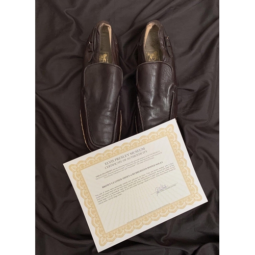 374 - Elvis Presley: Personally owned and well-worn by Elvis. Brown leather shoes with a faux buckle that ... 