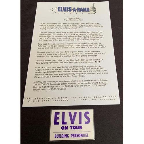 378 - Elvis Presley Authentic 'ON TOUR' BUILDING PERSONNEL (Purple) Backstage Pass
From the private collec... 