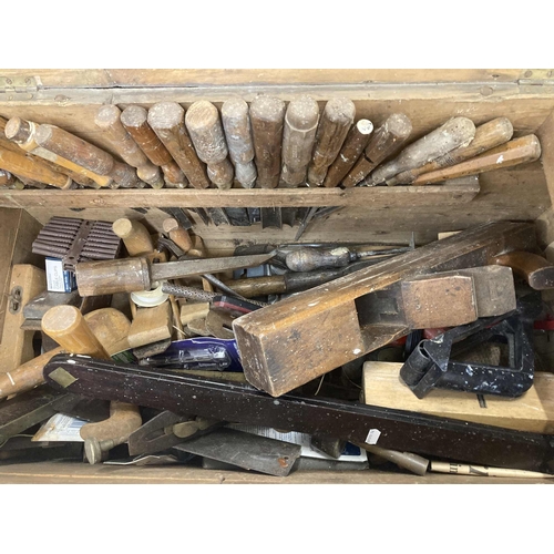 39 - Tools: Carpenter's toolbox filled with chisels, planes, set squares, mallets, etc. Mostly early 20th... 