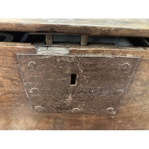 42 - Furniture: English oak Bible box of standard form c1780-1800 with through dovetail construction on a... 