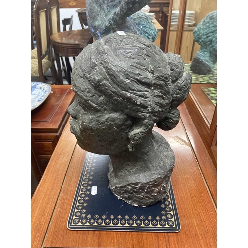 58 - Modern Art: Late 20th cent. Plaster bust of a female with hair swept back in a bun, bronze effect, 3... 