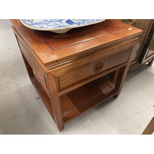 72 - 20th cent. Chinese hardwood square tables with single drawer, plus one other, 22ins. x 22ins.