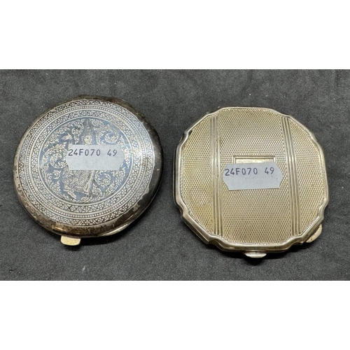 720 - Hallmarked Silver: Powder compact, Birmingham 1925, Bernard Cuzner and a white metal (marked silver)... 