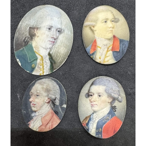 724 - Group of four miniature watercolours on ivory each depicting a young man in military dress all unfra... 