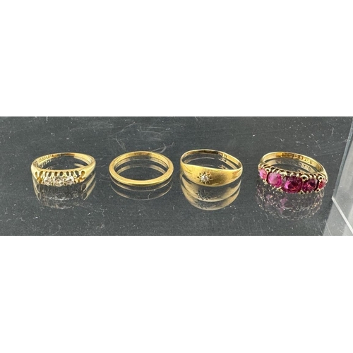 826 - Jewellery: An 18ct yellow gold ring, set a row of five graduated pink tourmalines; an 18ct gold ring... 