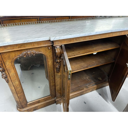 115 - Furniture Furniture: Victorian burr walnut breakfront credenza/sideboard with marble top. gilt brass... 