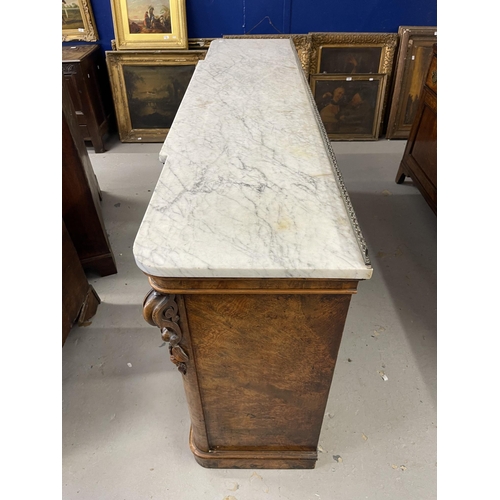 115 - Furniture Furniture: Victorian burr walnut breakfront credenza/sideboard with marble top. gilt brass... 