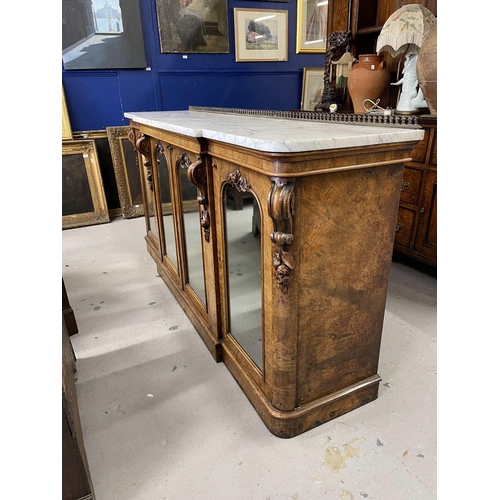 115 - Furniture Furniture: Victorian burr walnut breakfront credenza/sideboard with marble top. gilt brass... 