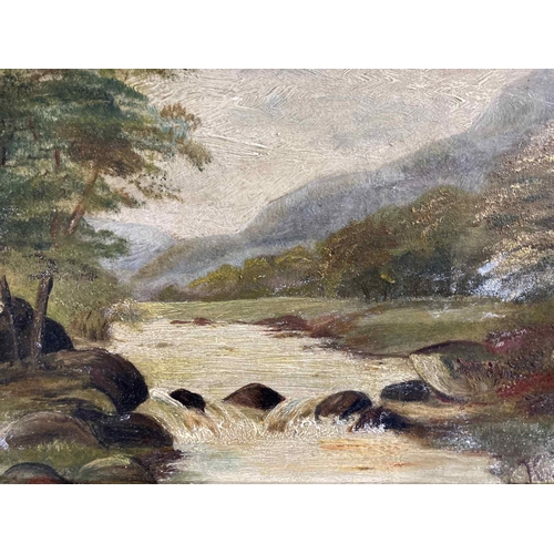 151 - English School: English School: Oil on board landscape with river monogrammed KW, framed... 