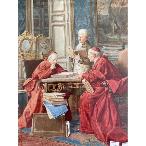 170 - Art: Art: A gesso framed 19th century watercolour of two cardinals and another gentleman reading boo... 