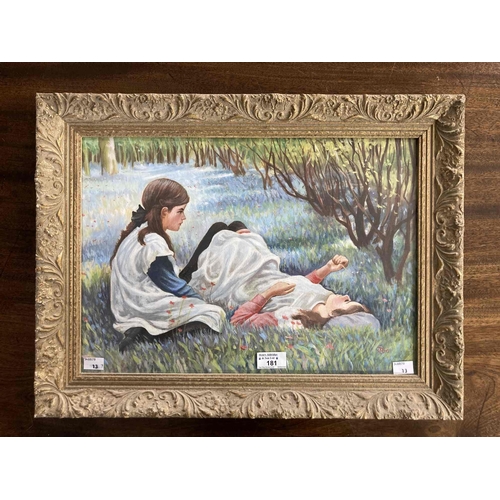 181 - English School: English School: Watercolour c1900 well-executed study of two young girls in a meadow... 