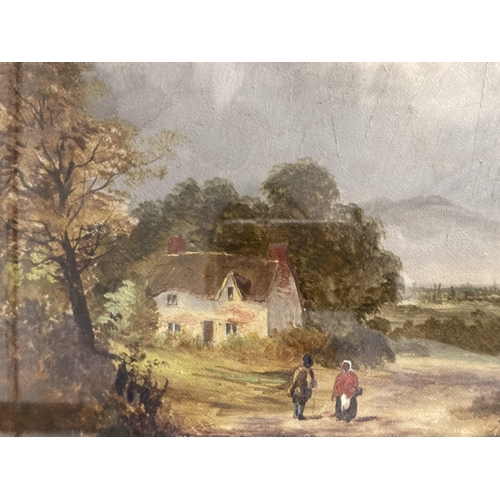 187 - English School: Oil on canvas, landscape with figures signed lower right, within giltwood frame unde... 