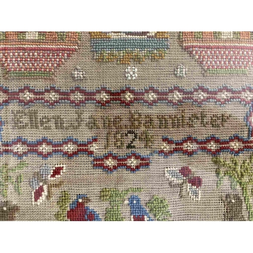 227 - Art/Textiles: Art/Textiles: Needlework sampler dated 1824. birds eye maple frame, by Ellen Jane Bann... 