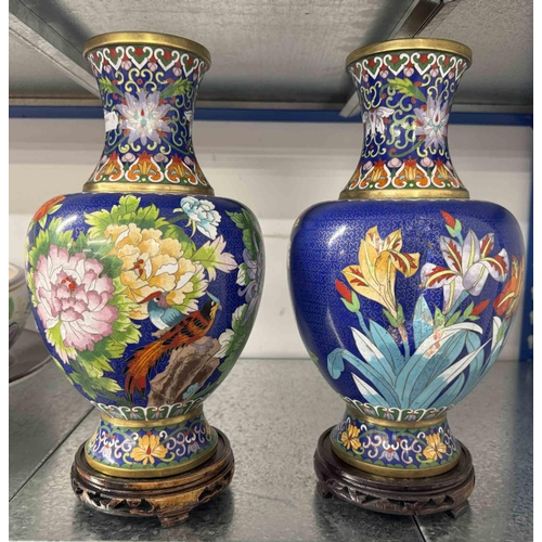 240 - Ceramics: Ceramics: 20th cent. Oriental Cloisonne vases on treen bases 34cms. (1A/F)