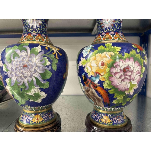 240 - Ceramics: Ceramics: 20th cent. Oriental Cloisonne vases on treen bases 34cms. (1A/F)