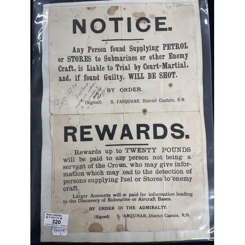 320 - Militaria WWI: Militaria WWI: Rare reward poster stating 