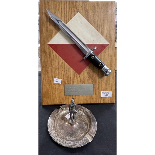 338 - Militaria: Militaria: Mounted F60 bayonet on oak plaque commemorating the end of an active tour and ... 