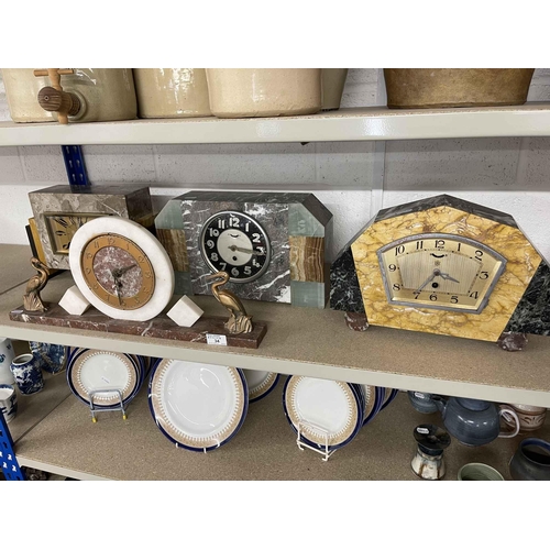 34 - Clocks: Clocks: A group of Art Deco period marble mantel clocks.