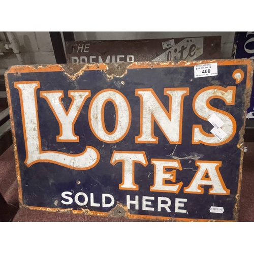 408 - Advertising: Advertising: a 'Lyons Tea Sold Here' double sided enamel sign, in blue, orange and whit... 