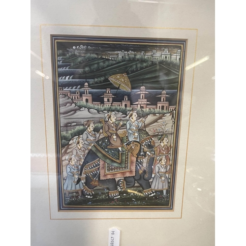 444 - Artwork: Artwork: Three framed Indian processional paintings, each depicting figures atop a capariso... 