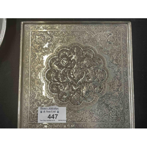 447 - Silver: Silver: A 20th cent. Persian silver table cigarette box bearing Isfahan marks of square form... 