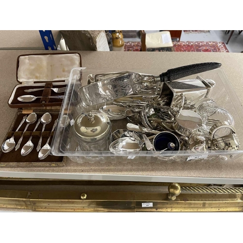 47 - Silver Plate: Silver Plate: A boxed set of apostle spoons, a boxed christening set, cruets, antler h... 