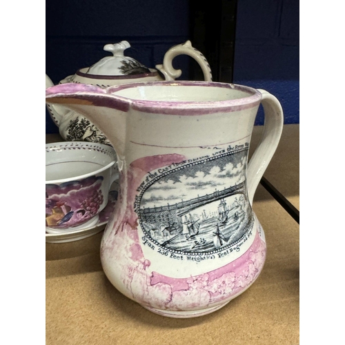 517 - Ceramics: 18th/19th cent. Tea and dinner china lustre teapot in pink with a sauce boat, cup and sauc... 