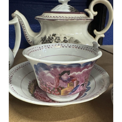 517 - Ceramics: 18th/19th cent. Tea and dinner china lustre teapot in pink with a sauce boat, cup and sauc... 