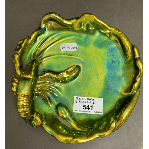 541 - Ceramics: Ceramics: A Zsolnay Pecs Eosin glazed dish, modelled with a lobster on the rim, covered in... 