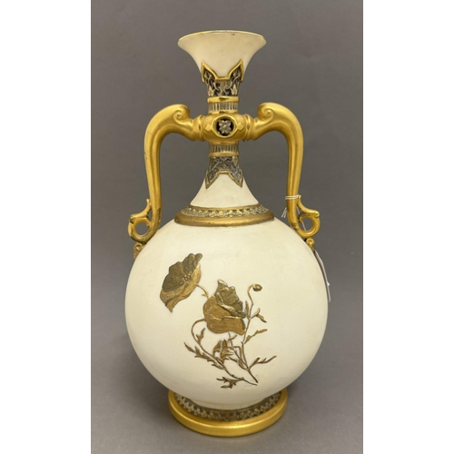 549 - Ceramics: Ceramics: A Royal Worcester blush ivory Wisteria pattern vase, with stylised dolphin handl... 